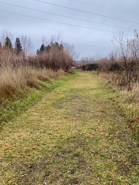 Mostly gravel but some grass areas, restrooms located in a few areas of the trail.