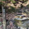 Sign and side trail up to where the restrooms are located.