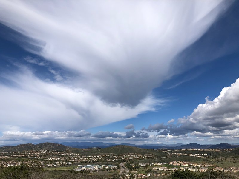 Rancho Bernardo viewed from Black Mountain on a very clear day. Oak Valley Middle School is at the bottom, left of center and Palomer Mountain is in the background 28 miles away, left of center.