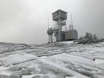 The frosty watch tower atop Kearsarge Mountain.