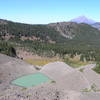 View north from trail to saddle showing tarn, Upper Canyon Meadow and Mt. Jefferson.