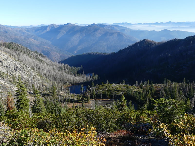 Bear Lakes: the pond (dry), Bear Lake, Lower Bear Lake, smoke from the Slater Fire.