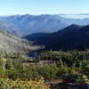 Bear Lakes: the pond (dry), Bear Lake, Lower Bear Lake, smoke from the Slater Fire.