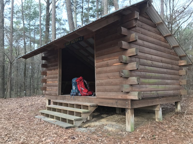 First of 2 shelters about a half mile off mile 6 of the Cane Creek Trail. Shelter no. 2 looks identical and is off to the right when walking down the side trail. Signs guide you to both shelters, #1 is on left at about (33.94213, -91.79592).