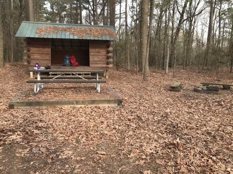 One of two shelters located off mile 6 (this is shelter number 1). Each shelter has a picnic table and fire pit. Actual location at about (33.94213, -91.79592).