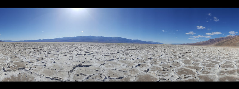 Badwater Basin Crossing, looking west. This panorama has a >180° FOV; the mountains on the east side of the crossing are visible on the edges of the picture.