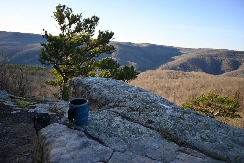 Looking over the Buffalo River valley from Antenna Pine while waiting for coffee.