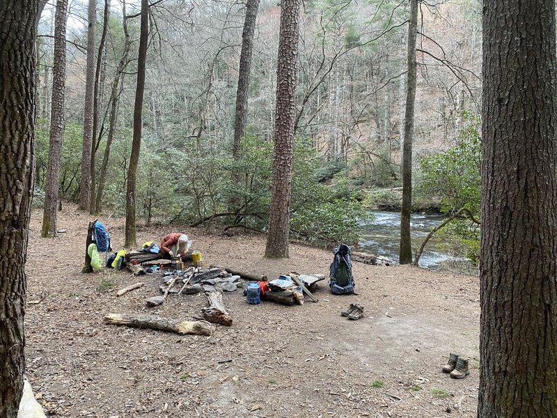 Campsite at Simms Field - super flat and right next to the river.