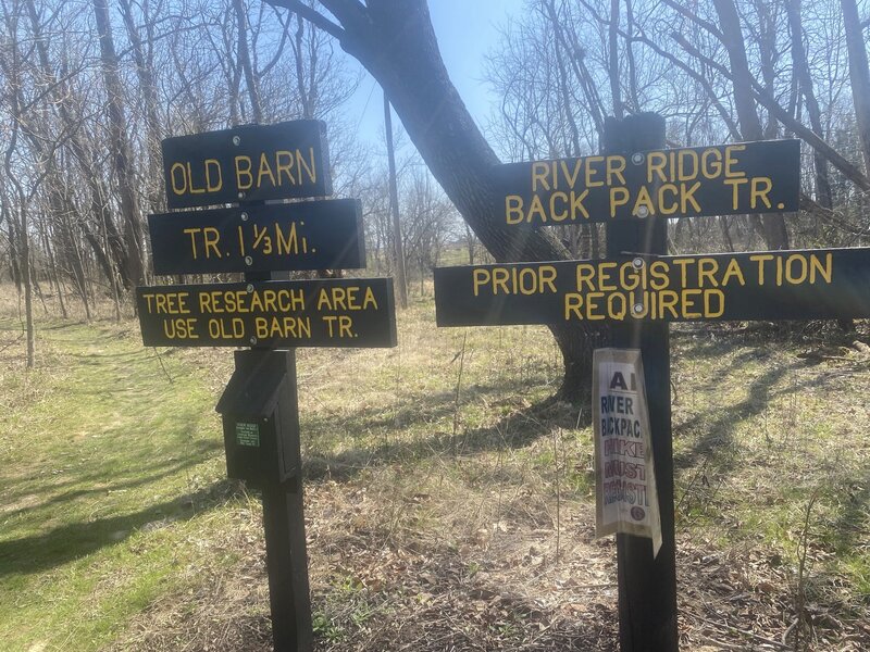 The start of the Old Barn Trail and the River Ridge Back Pack Trail.