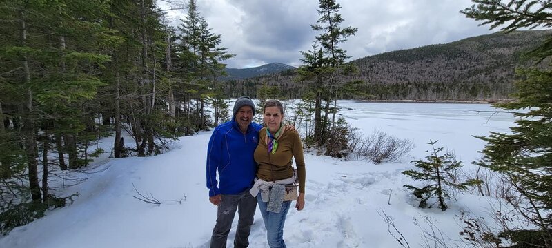 Lonesome Lake for two Texans in NH Spring Snow