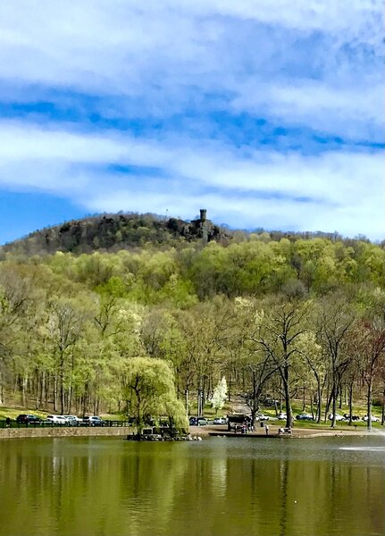 Castle Craig from the southern shore of Mirror Lake in Hubbard Park.