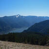 Mount Hood, Mount Defiance, The Columbia River, and Dog Mountain from the summit of Cook Hill.