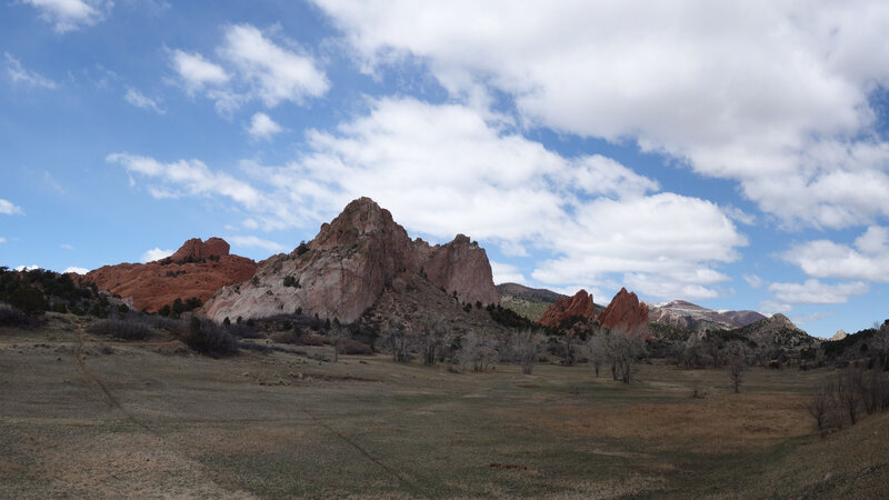 Panoramic view of the Gray Rock (center), Sleeping Giant (left), and South and North Gateway (right) rock formations at the Garden of the Gods.