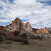 Gray Rock (center left) and the Gateway Rocks (right) behind the Ute trail at the Garden of the Gods