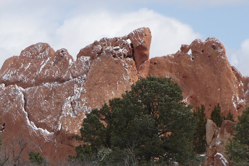 Snow outlines the body of the Kissing Camels at Garden of the Gods