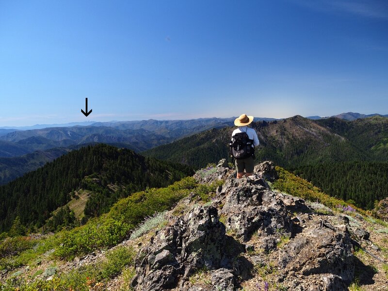 Preston Peak (arrow) from the summit of Brandy Peak.
