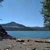 Snag Lake with prominent Mount Hoffman behind it.  Seen looking southeast from the north end of Snag Lake.