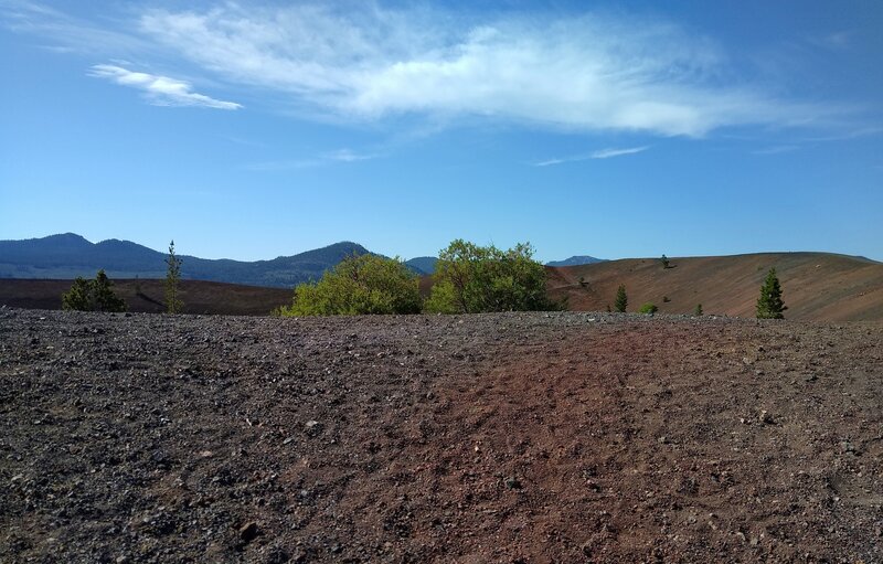 Almost at the top of Cinder Cone, its crater and forested peaks - Red Cinder and Red Cinder Cone (left) and Mt. Hoffman (center left), to the east appear.
