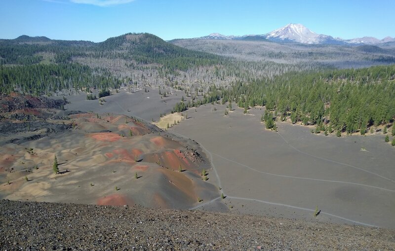 From the rim of Cinder Cone looking southwest:  Lassen Peak (upper right), Fairfield Peak (upper left center), and Painted Dunes (lower right).