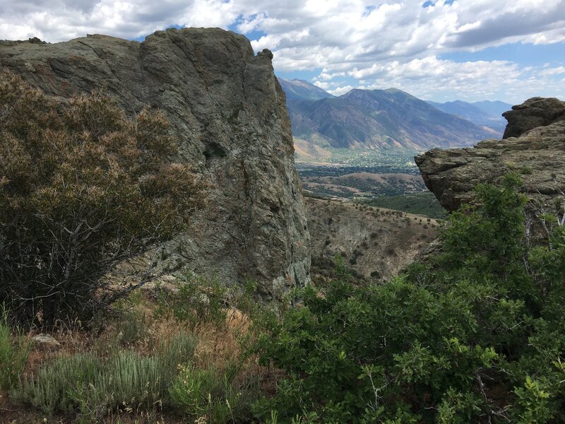 View between two rocky cliffs.