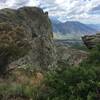 View between two rocky cliffs.