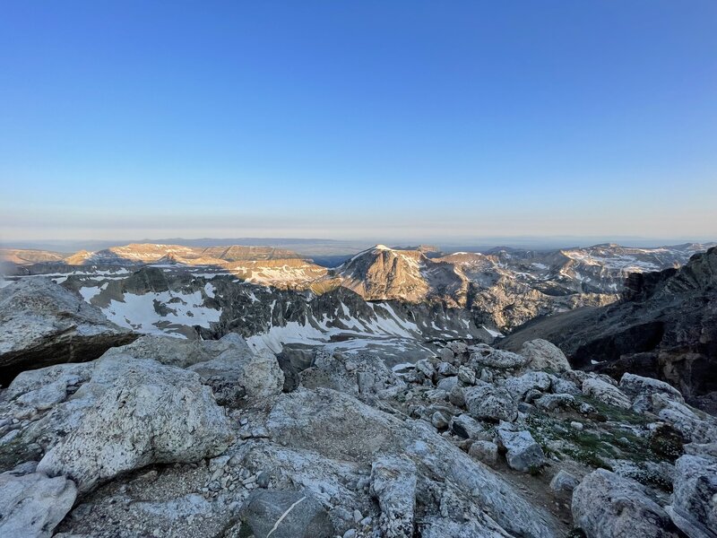 From the saddle looking west toward the Jedidiah Smith Wilderness and Alaska Basin. At sunrise.