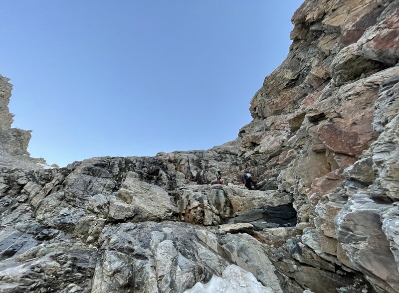 Looking up at the fixed rope section of the headwall. Quarter mile before the Lower Saddle.