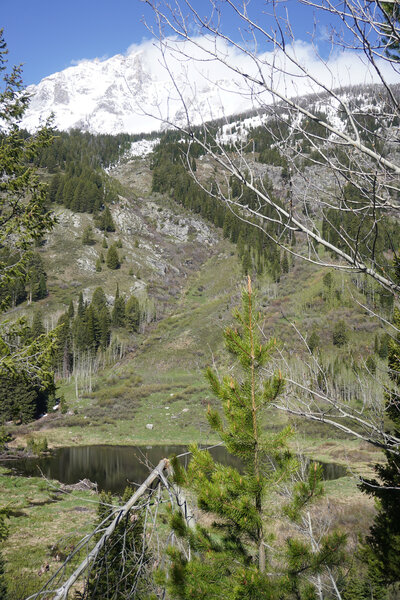 A pond below a mountain.