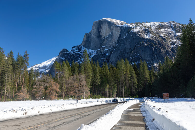 Half Dome from a snow covered Yosemite Valley.