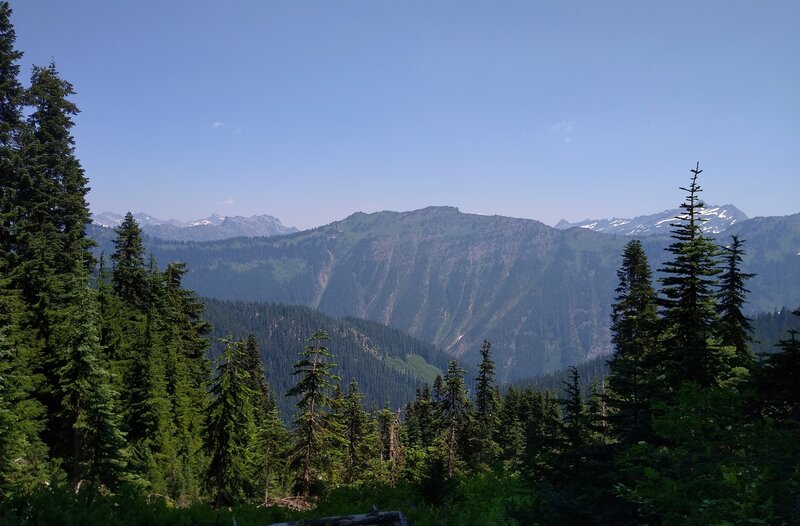 From Cady Ridge, Poets Ridge is seen to the northeast. The Little Wenatchee River is in the deep, steep sided valley below between these two ridges.