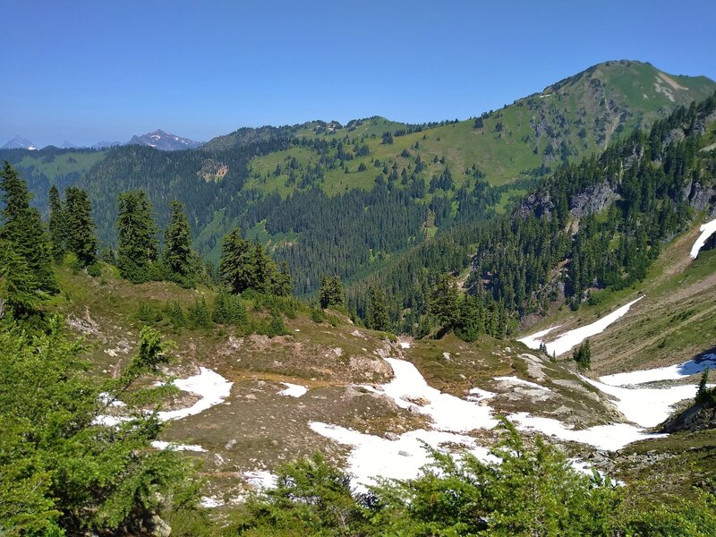 The east end of Pilot Ridge is seen to the north from Bald Eagle Trail. Sloan Creek flows in the valley between Pilot Ridge and the Bald Eagle Trail ridge.