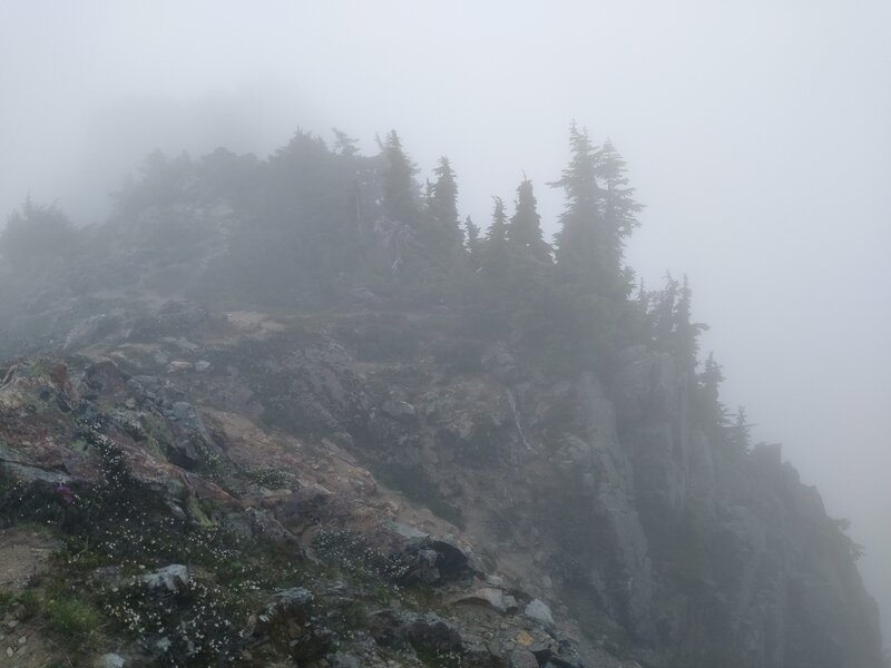 On the knife edge ridge, the high point of the Blue Lake High Trail, view to the southwest along the ridge top on a "socked in" day.