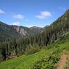 Looking up (west) the Little Wenatchee River valley to the high country as Little Wenatchee River Trail begins climbing.