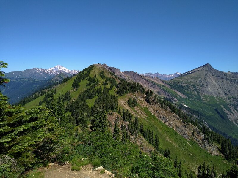 Snowy Glacier Peak, 10,541 ft. (left of center), nearby Longfellow Mountain, 6,577 ft. (center), and Whittier Peak, 7,281 ft. (right), looking north from Poe Mountain, 6,015 ft.