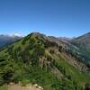 Snowy Glacier Peak, 10,541 ft. (left of center), nearby Longfellow Mountain, 6,577 ft. (center), and Whittier Peak, 7,281 ft. (right), looking north from Poe Mountain, 6,015 ft.