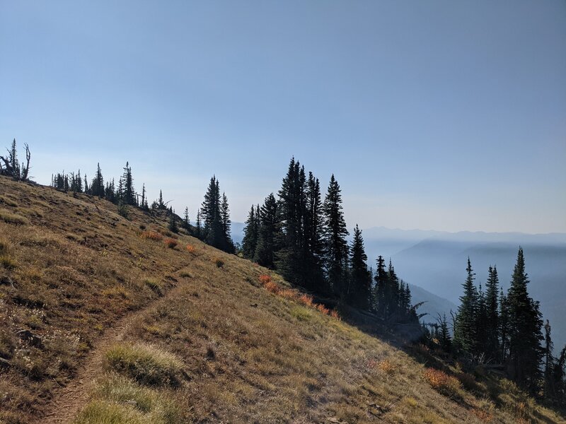 Trail along ridge, Minam Valley off to right (along with smoke).