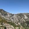 View of trail switchbacking up slope.