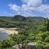 The view South to the sandy beach from Great Head Trail western side of the loop.