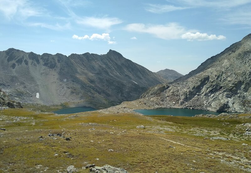 Europe Canyon Trail passes the fourth lake, Lake 10813 (left), and fifth/last lake, Lake 11023 (right), on the way to Europe Pass.