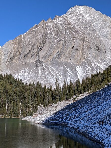 On the eastern shore of Chester Lake, hikers follow the rocky trail in the shadow of Mt. Chester.