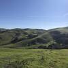 A wide view of green rolling hills with some forested slopes. Power lines are visible.