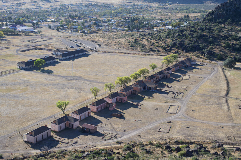 View of Fort Davis National Historic Site from the Scenic Overlook.  The long row of houses are the officers quarters, and the visitor center is in the buildings on the other side of the quad.