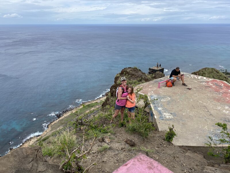 My daughter and I outside the Pink Pillbox. This hike was amazing and family friendly. Our group had two babies two young girls and a dog and we all loved it!