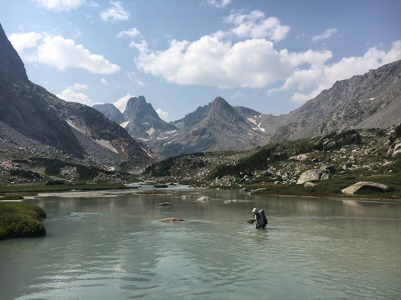 Fording the N. Fork of Bull Creek, with Blaurock Pass in the background (right).