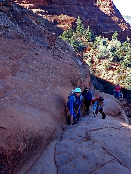 Climbing the scramble to the Cathedral Rock saddle.