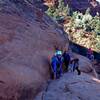 Climbing the scramble to the Cathedral Rock saddle.