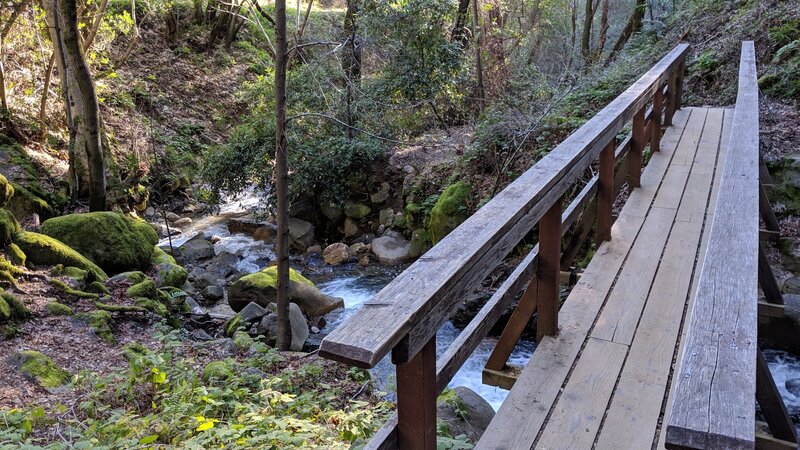 Narrow wooden bridge across the creek.