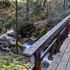 Narrow wooden bridge across the creek.