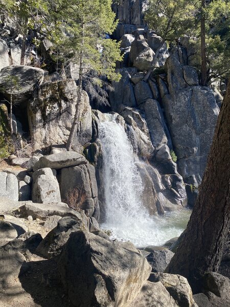 Some of the falls near the first climb of the hike. There are small steep stepsmeandering through oaks that could get slick in poor weather or icy after snow. If you have little people, keep them close here as there is decomposing granite and steep spots.