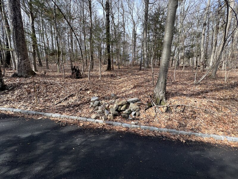 Small rock formation indicating the start of the trail about 40 yards down the access road (which looks like a driveway) to 30 Coachman